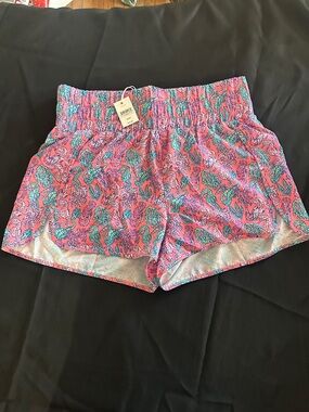 Simply Southern Pink Seascape Athletic Shorts with Teal Accents